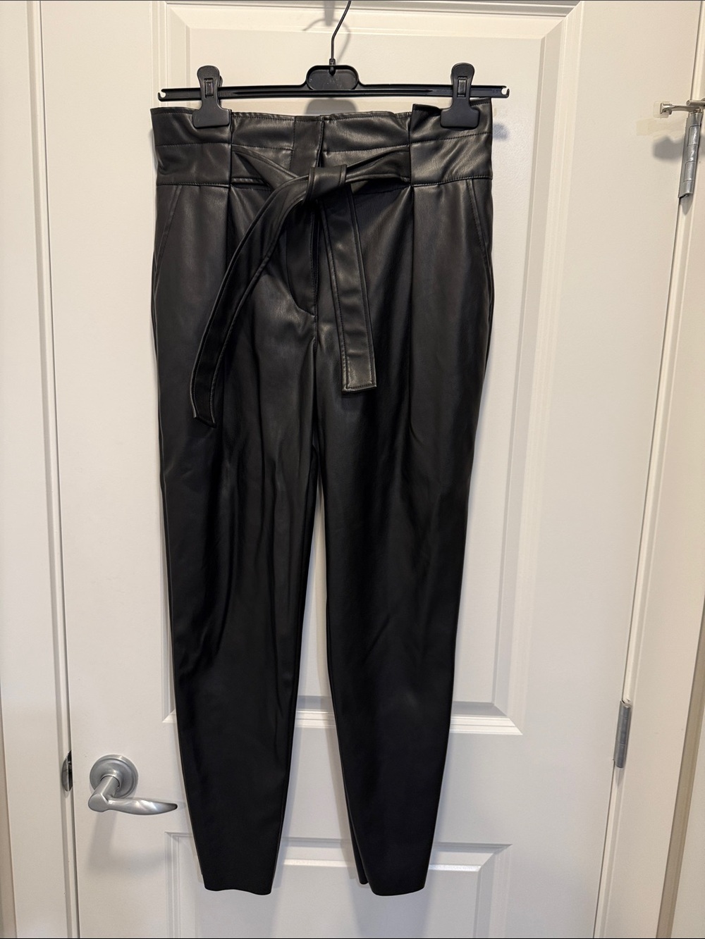 DKNY Black Faux Leather High-Waist Trousers with Tie
